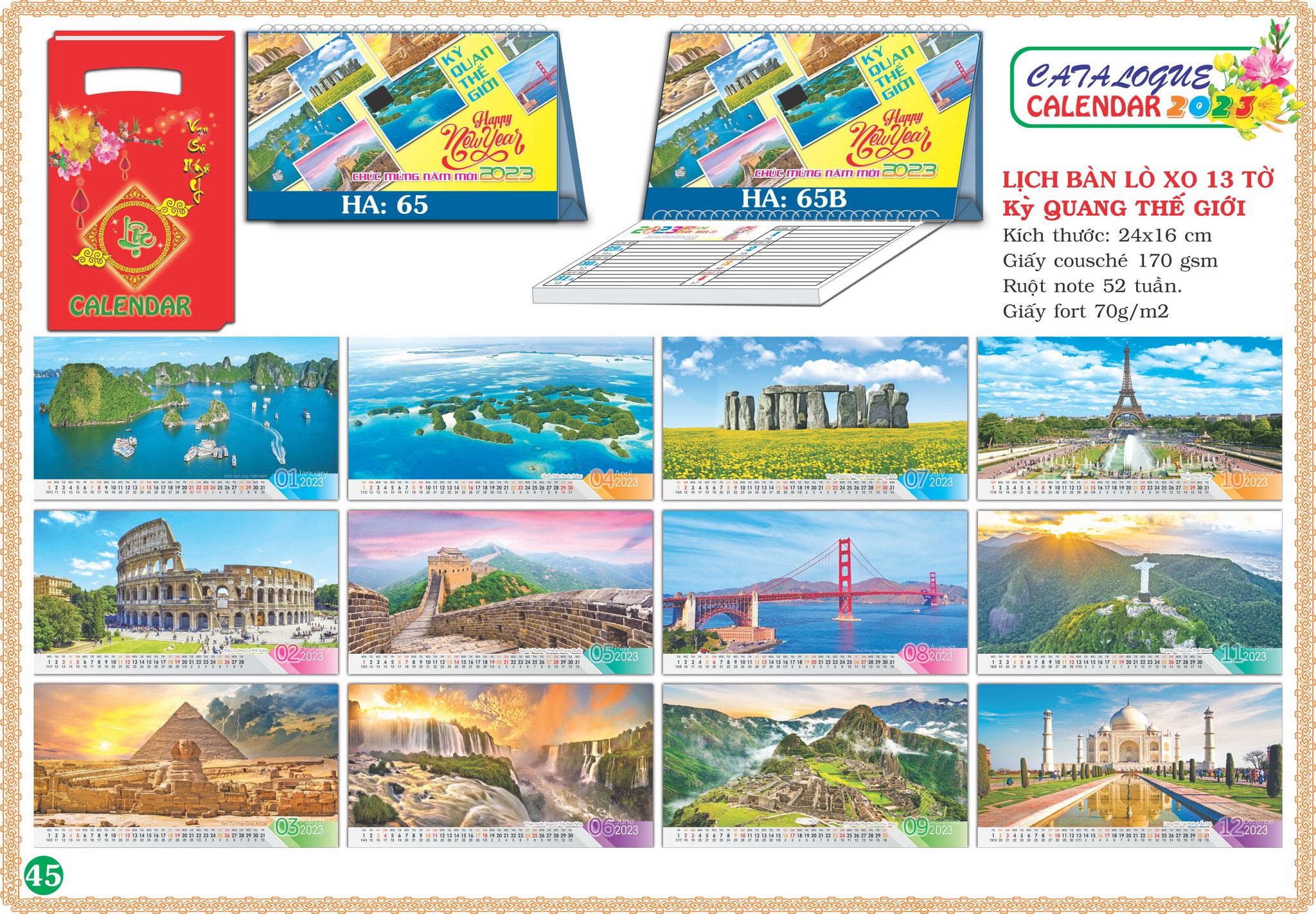 Lịch Bàn Lò Xo 13 Tờ Kỳ Quang Thế Giới