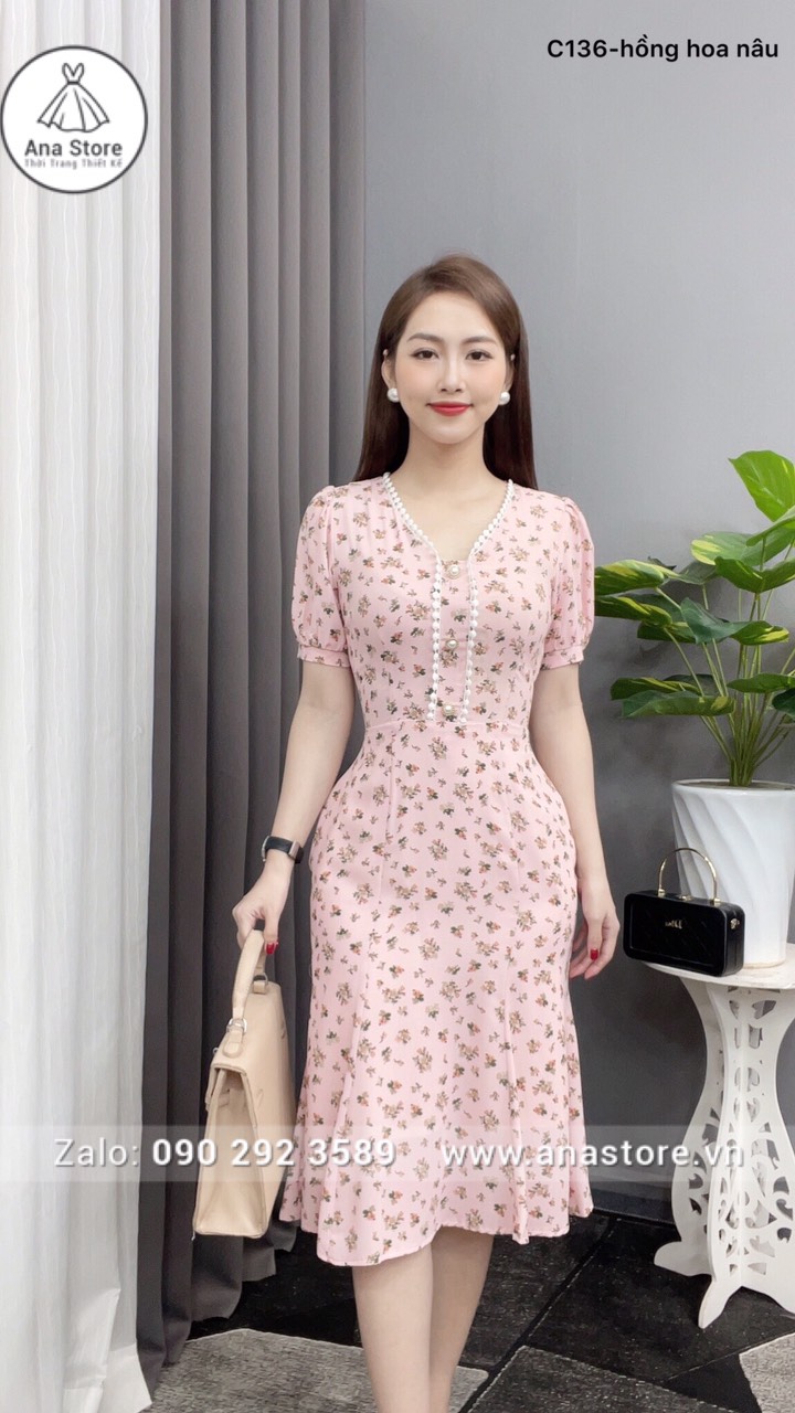 Đầm C136 Hồng Hoa nâu