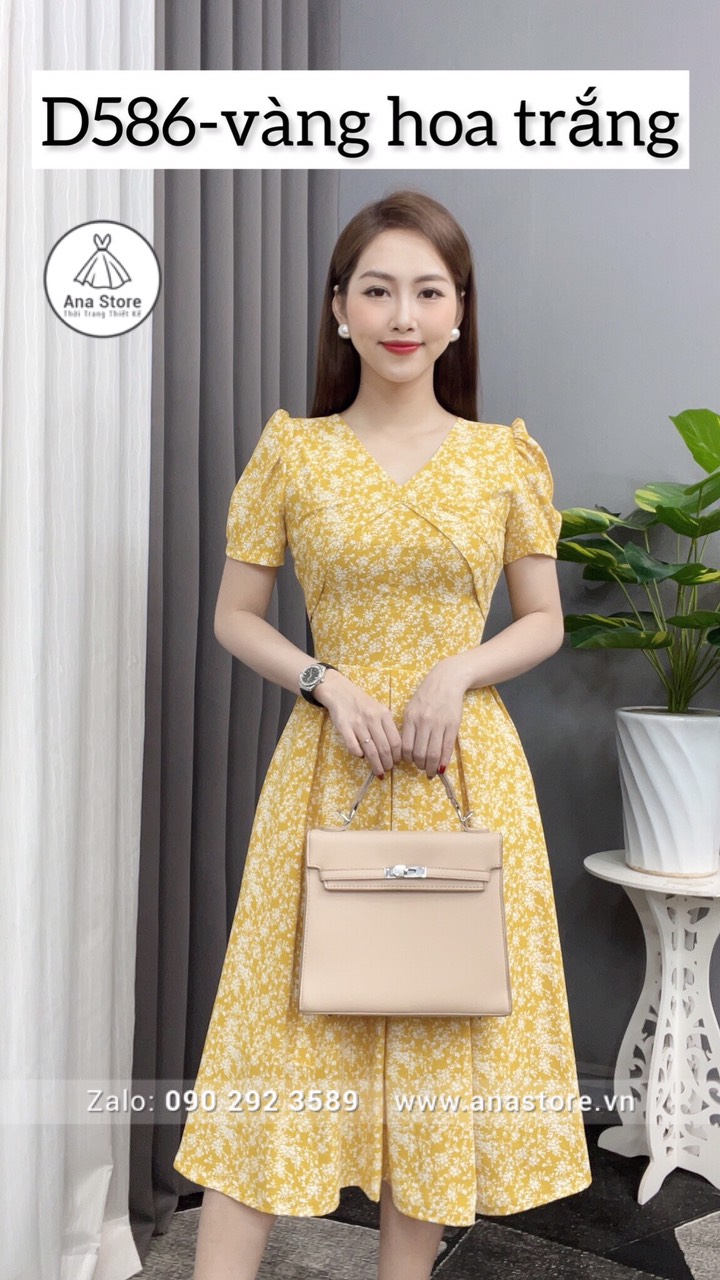 Đầm D586- vàng hoa trắng