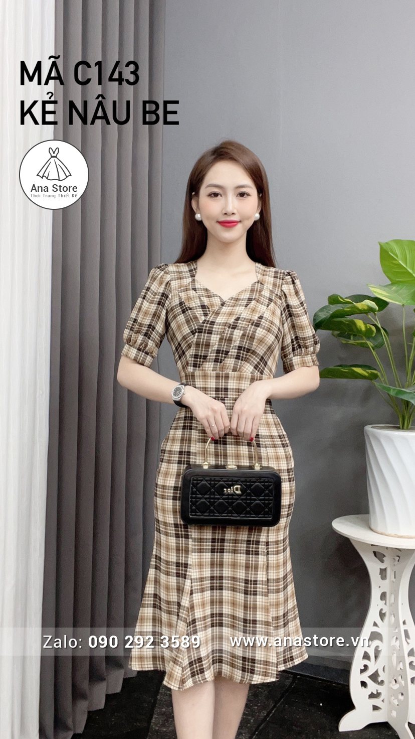 Đầm C143 - kẻ nâu be