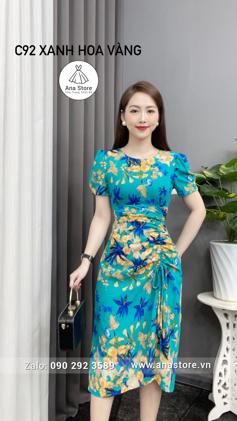 Đầm C92 - xanh hoa vàng