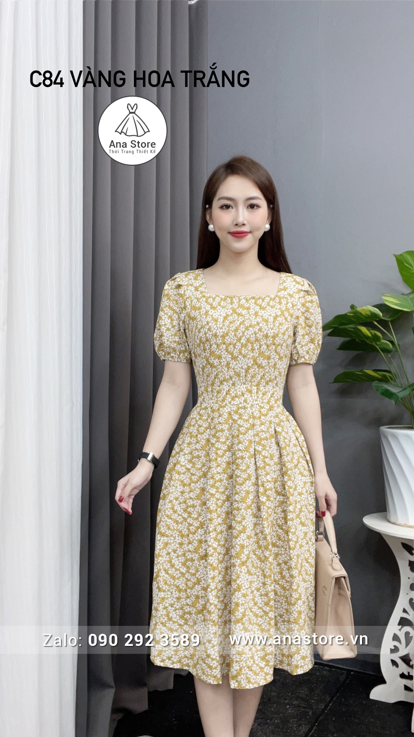Đầm C84 - vàng hoa trắng