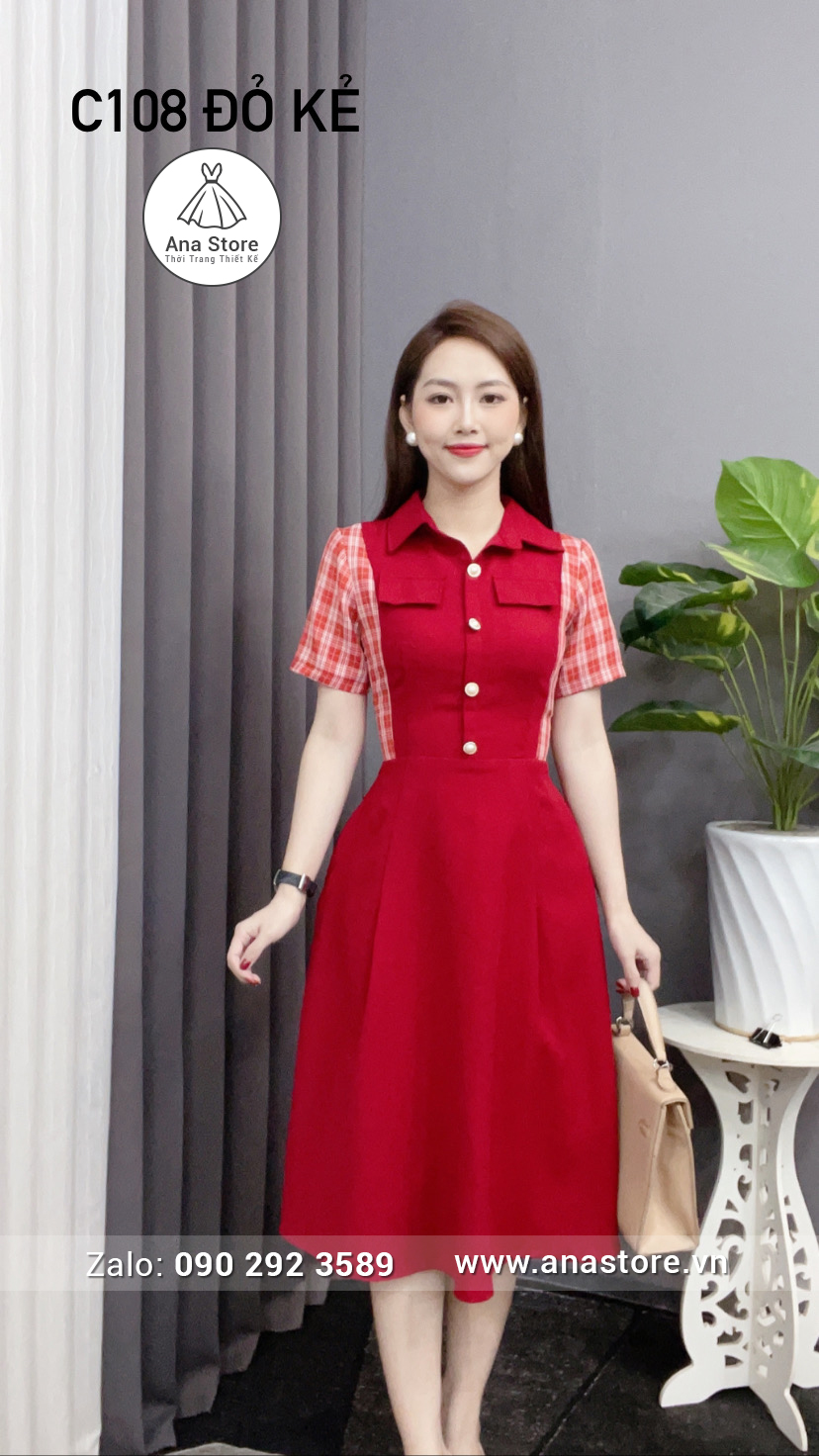 Đầm C108 - Đỏ kẻ