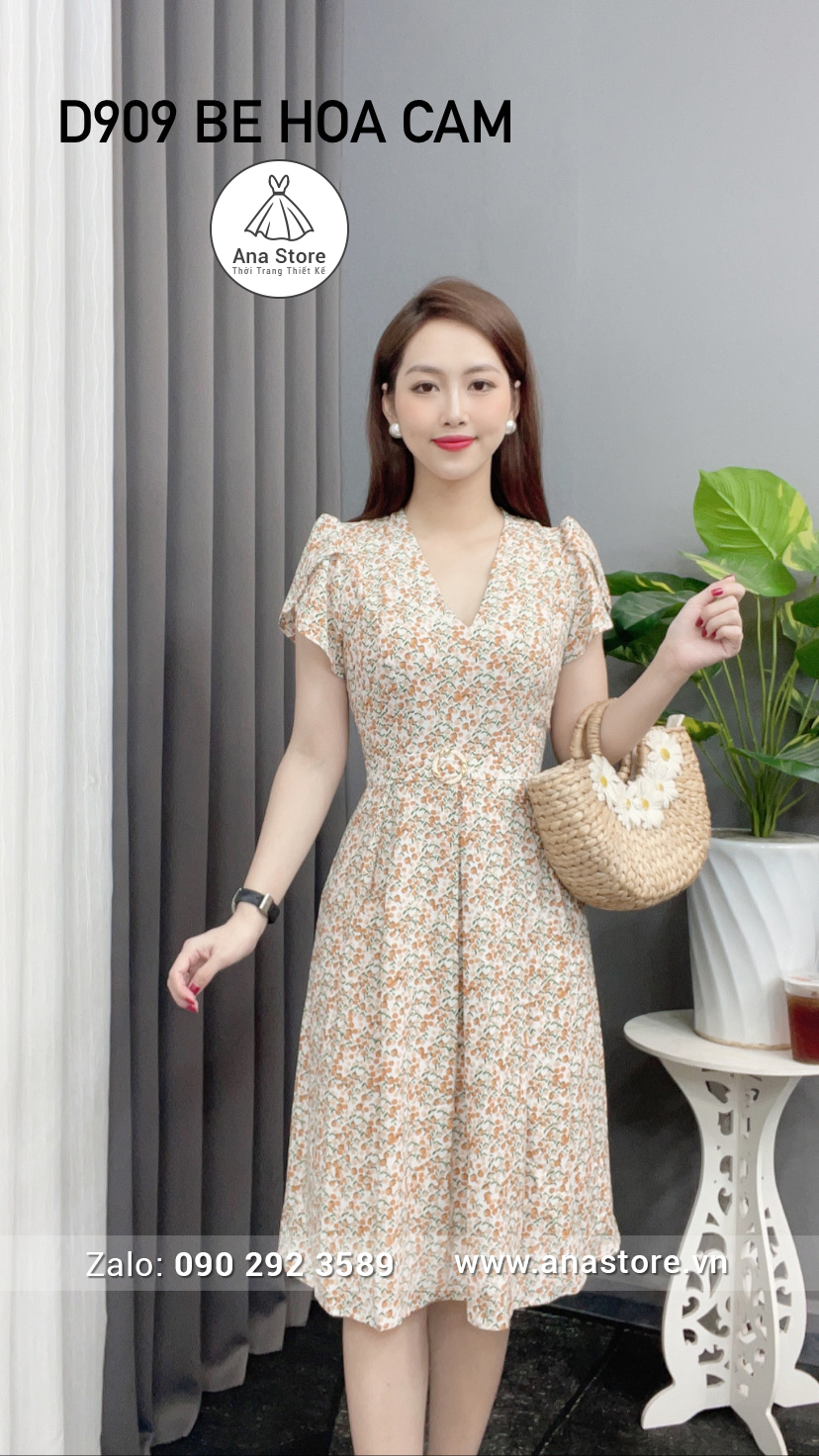 Đầm C909 - be hoa cam