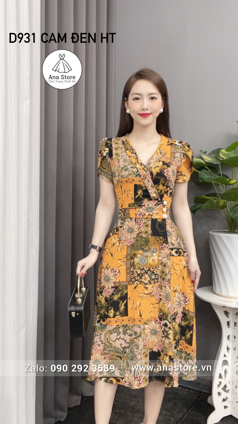 Đầm D931 - cam đen HT