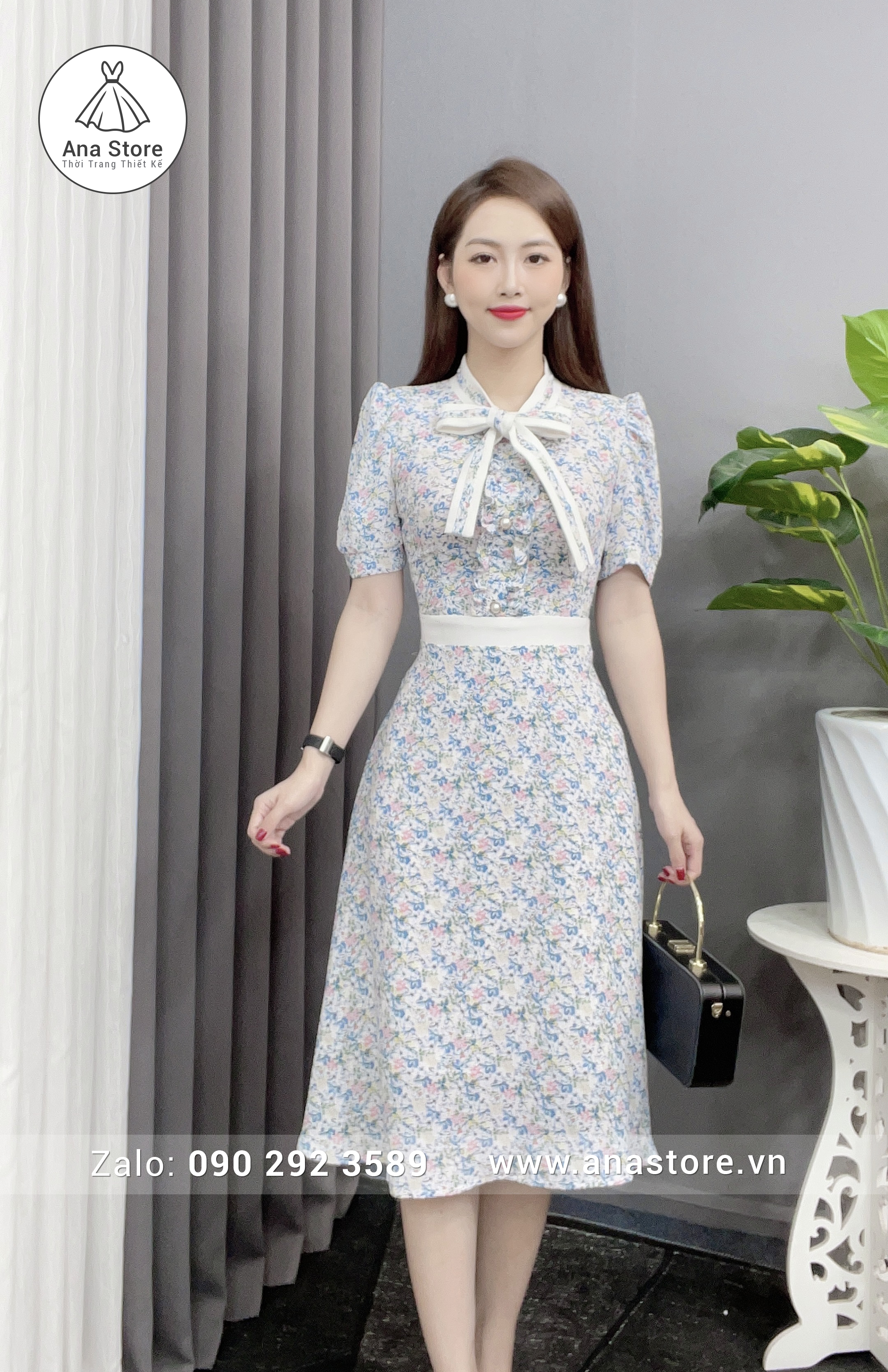 Đầm D769 - hoa xanh hồng