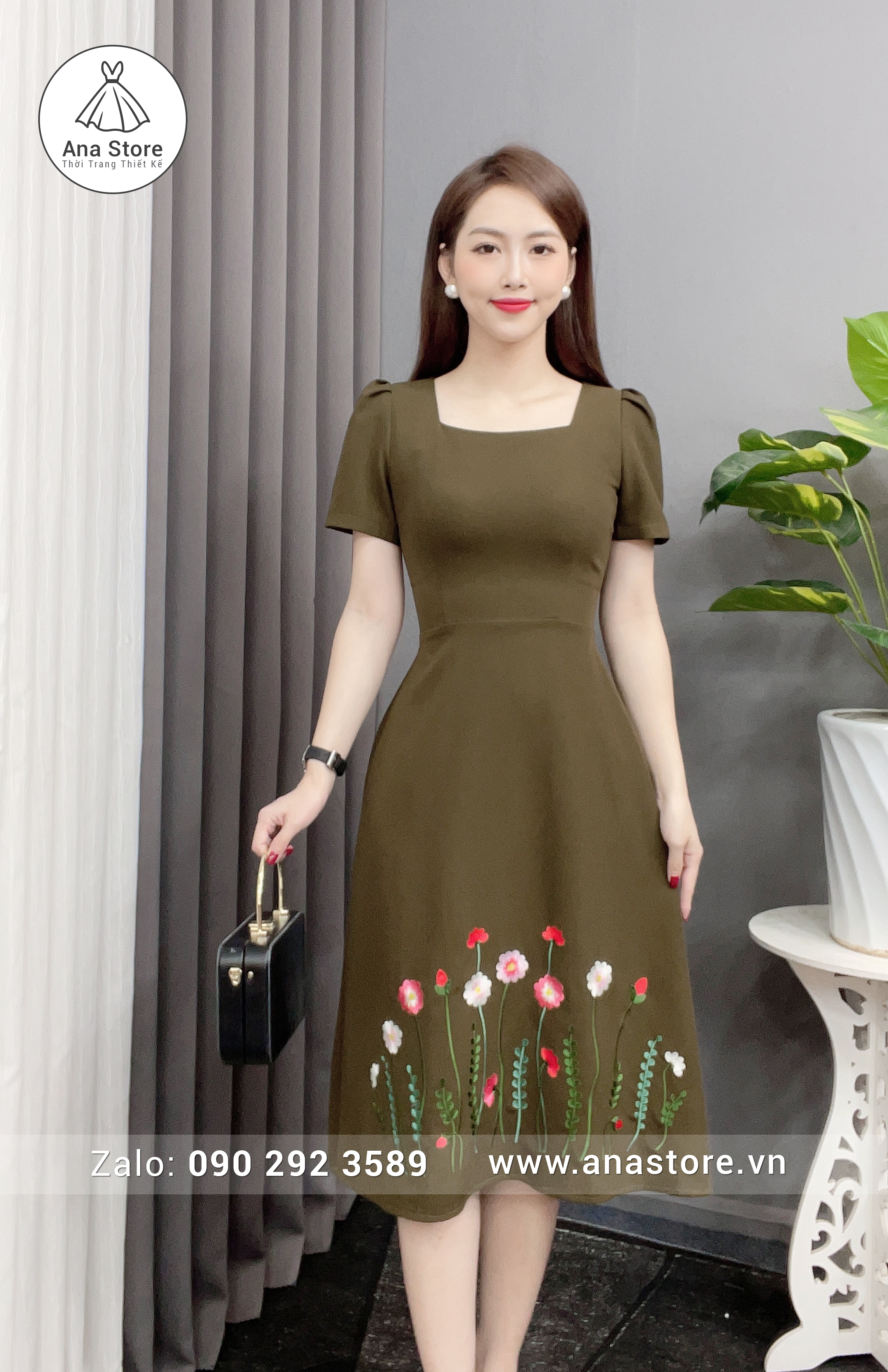 Đầm D868 - xanh rêu