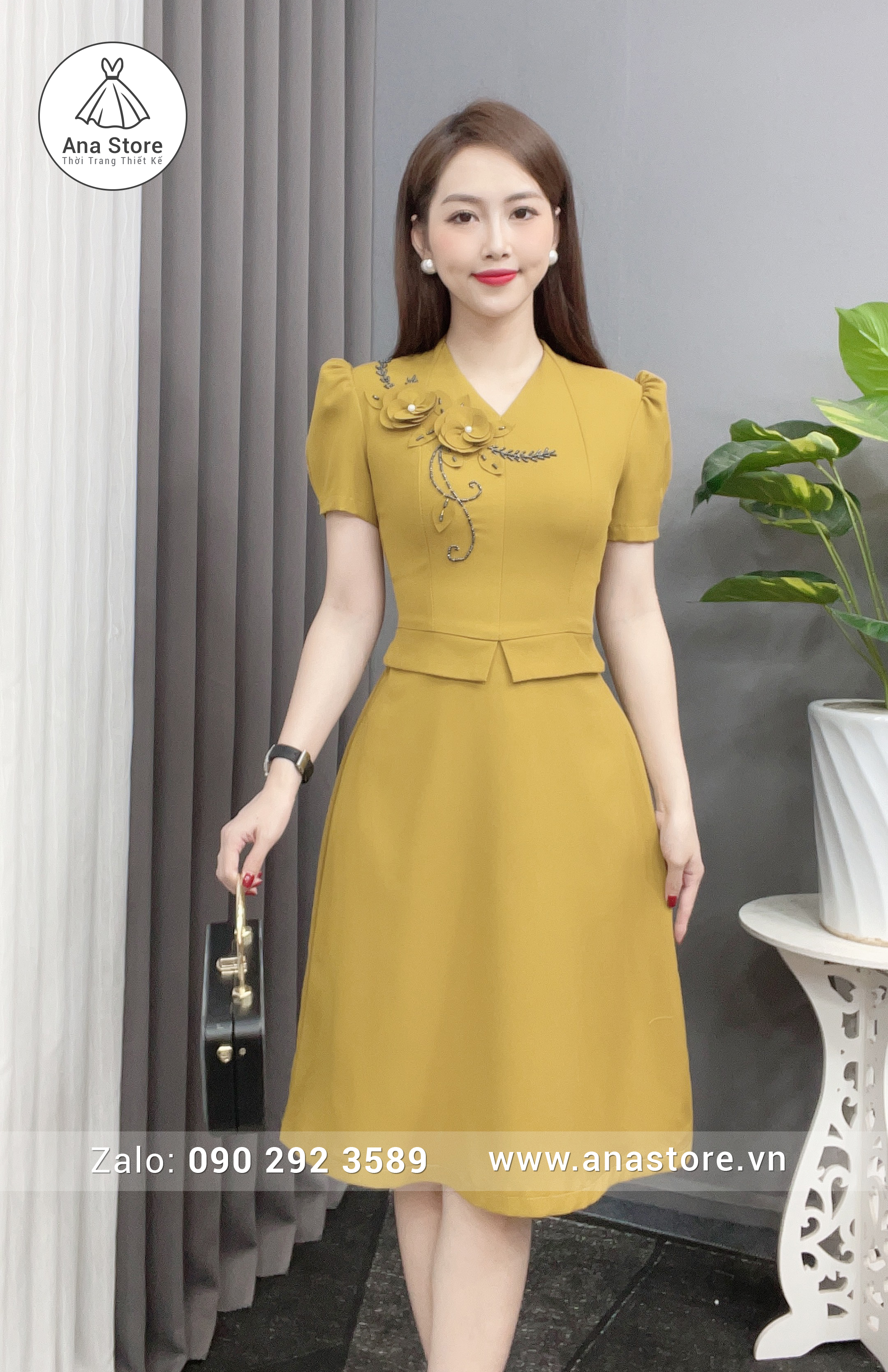 Đầm D872- vàng mù tạt
