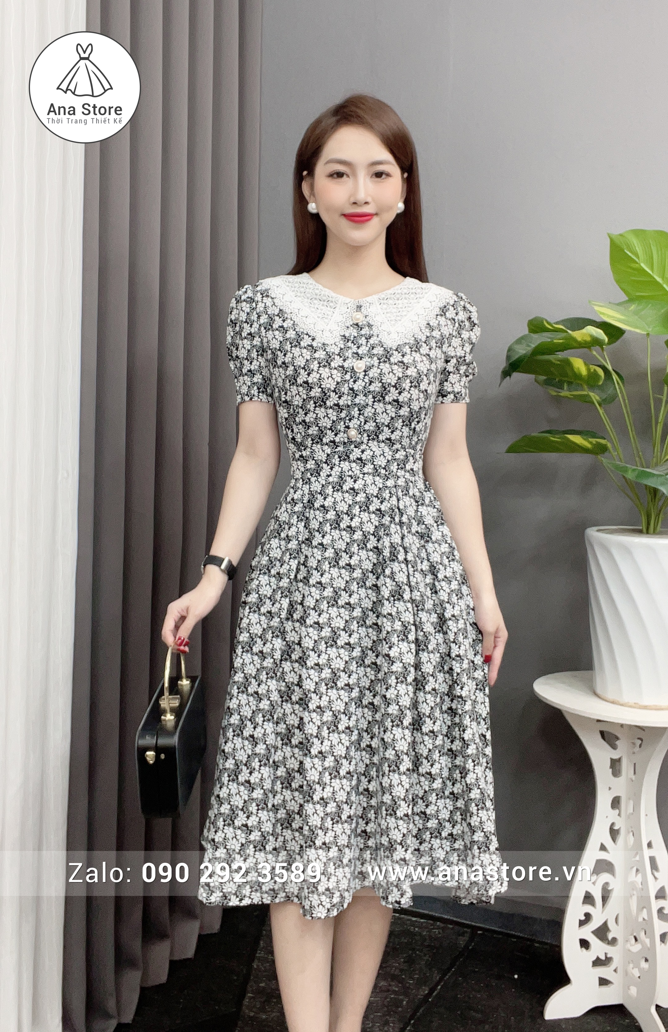 Đầm D817 Đen hoa trắng
