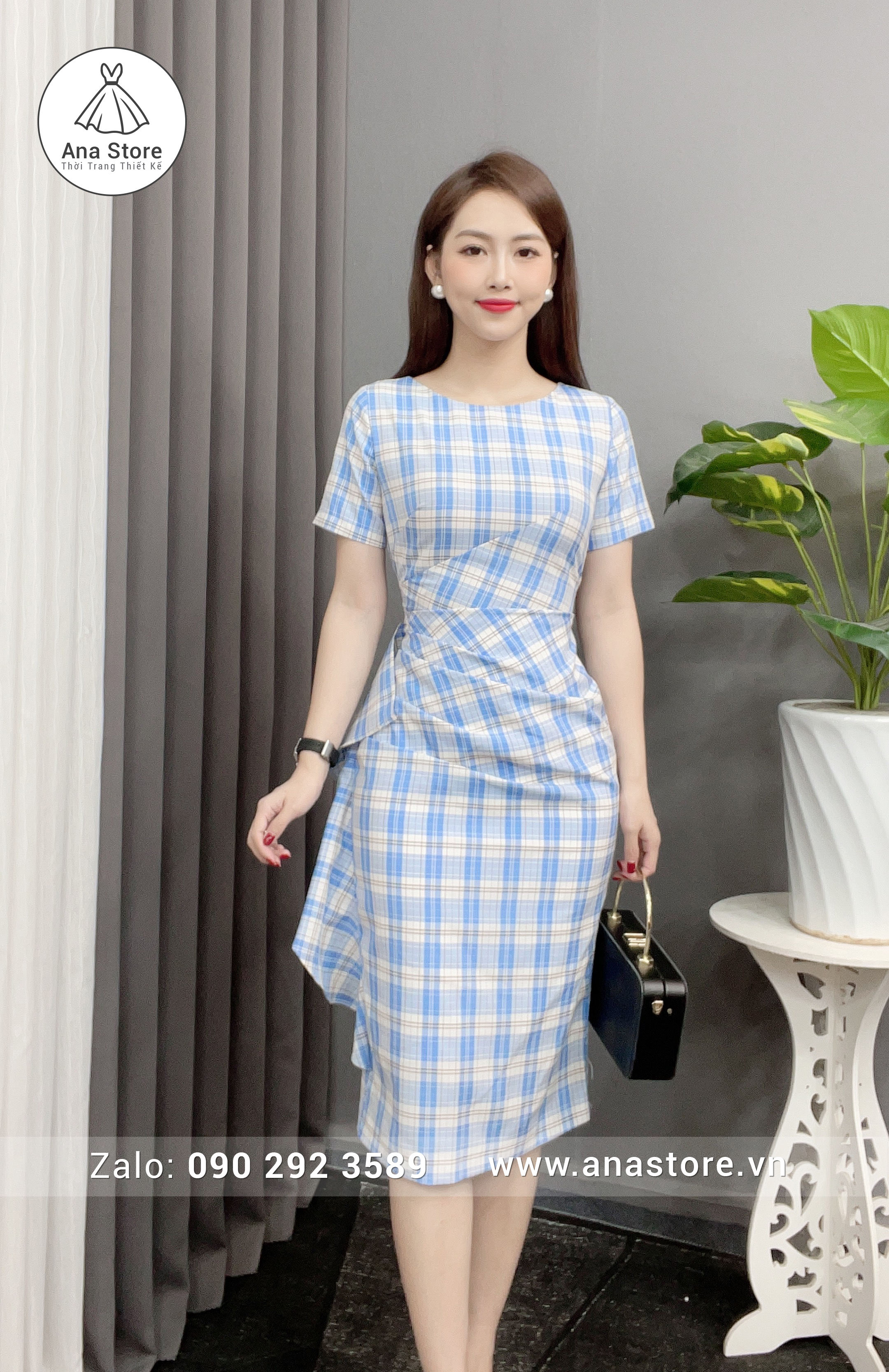 Đầm C142 - kẻ xanh trắng 