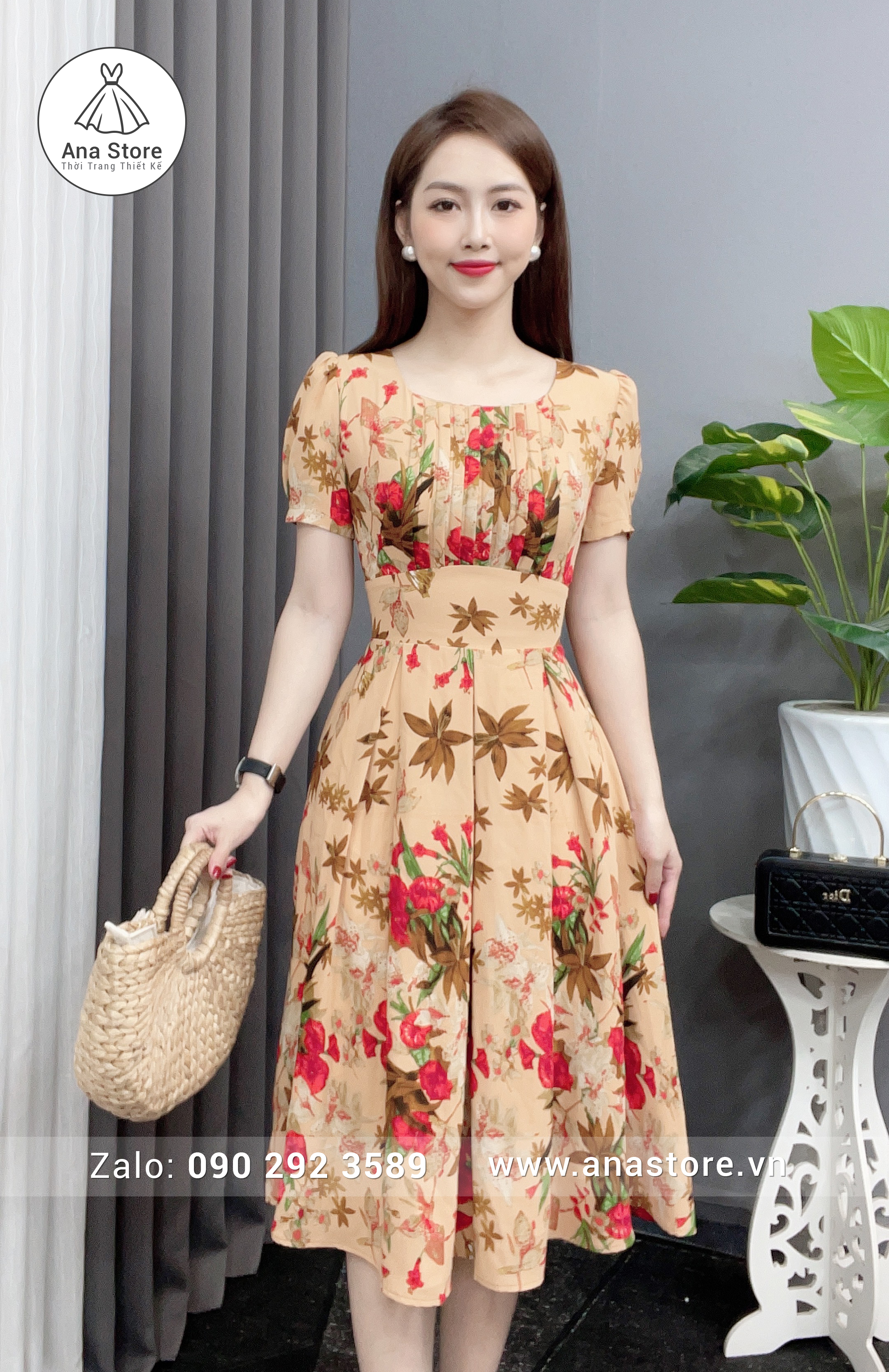 Đầm hoa  D454 cam hoa Ht