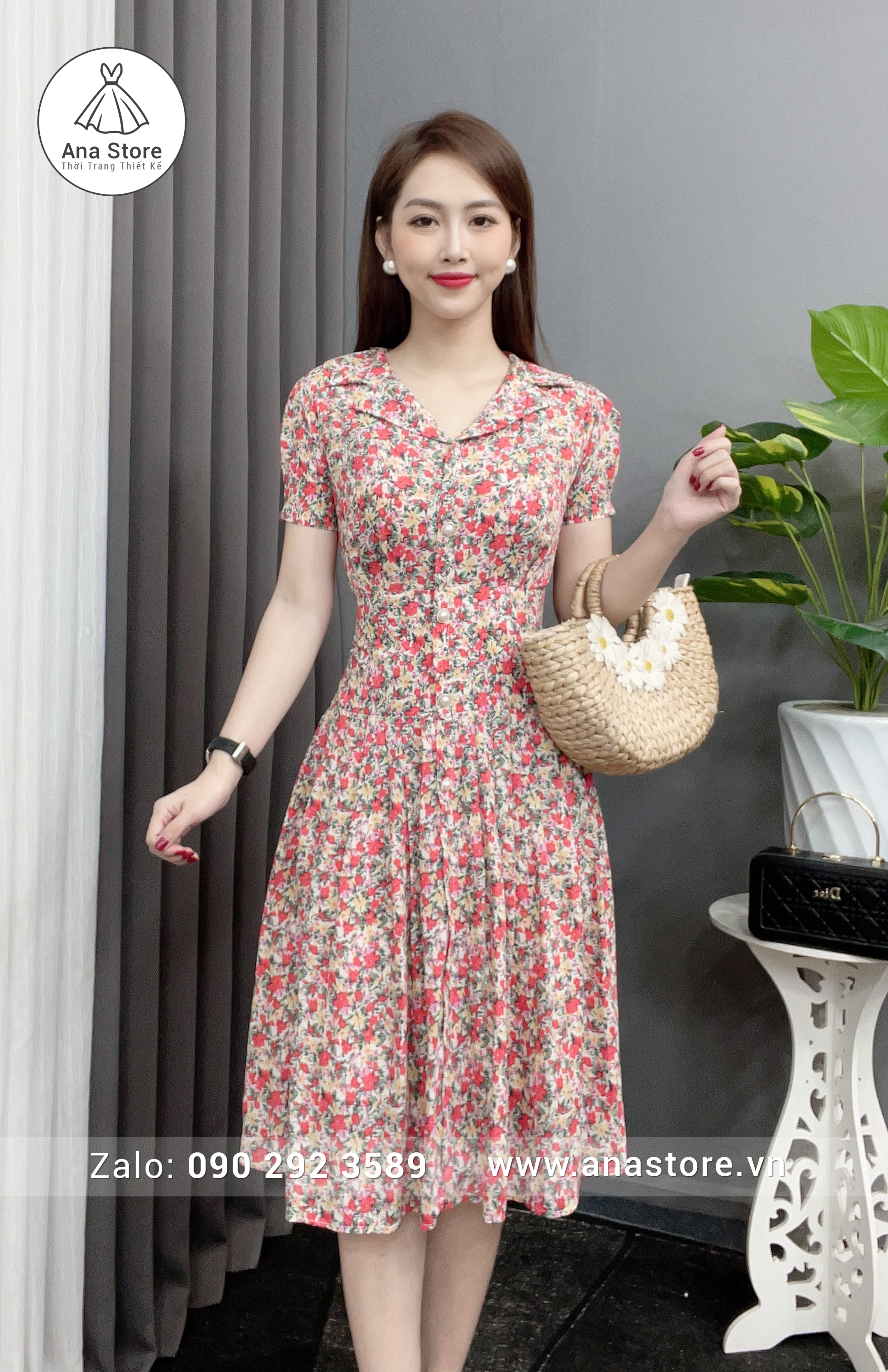 Đầm D531 - hoa đỏ hồng