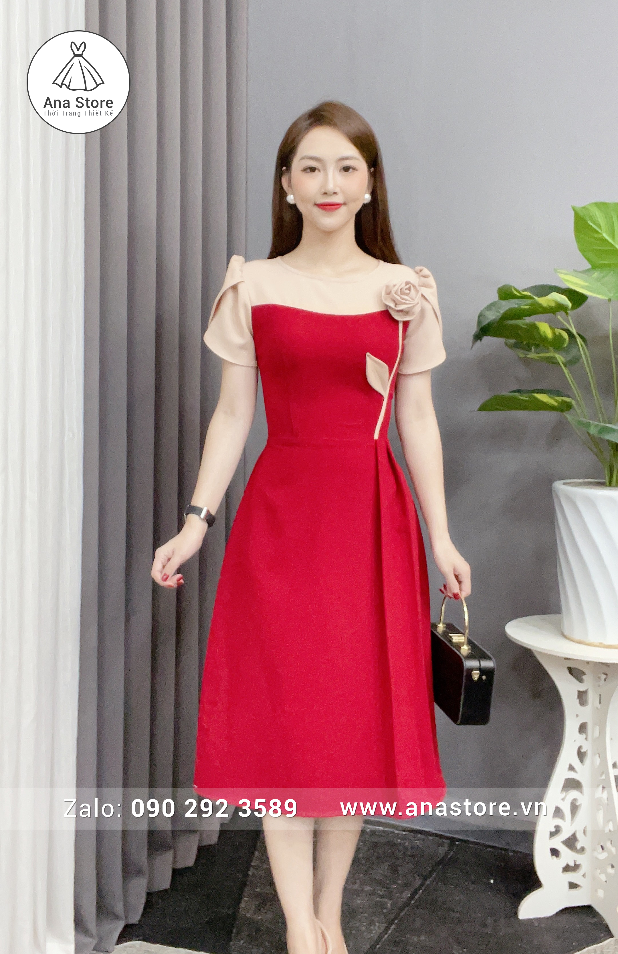 Đầm D331 - be đỏ