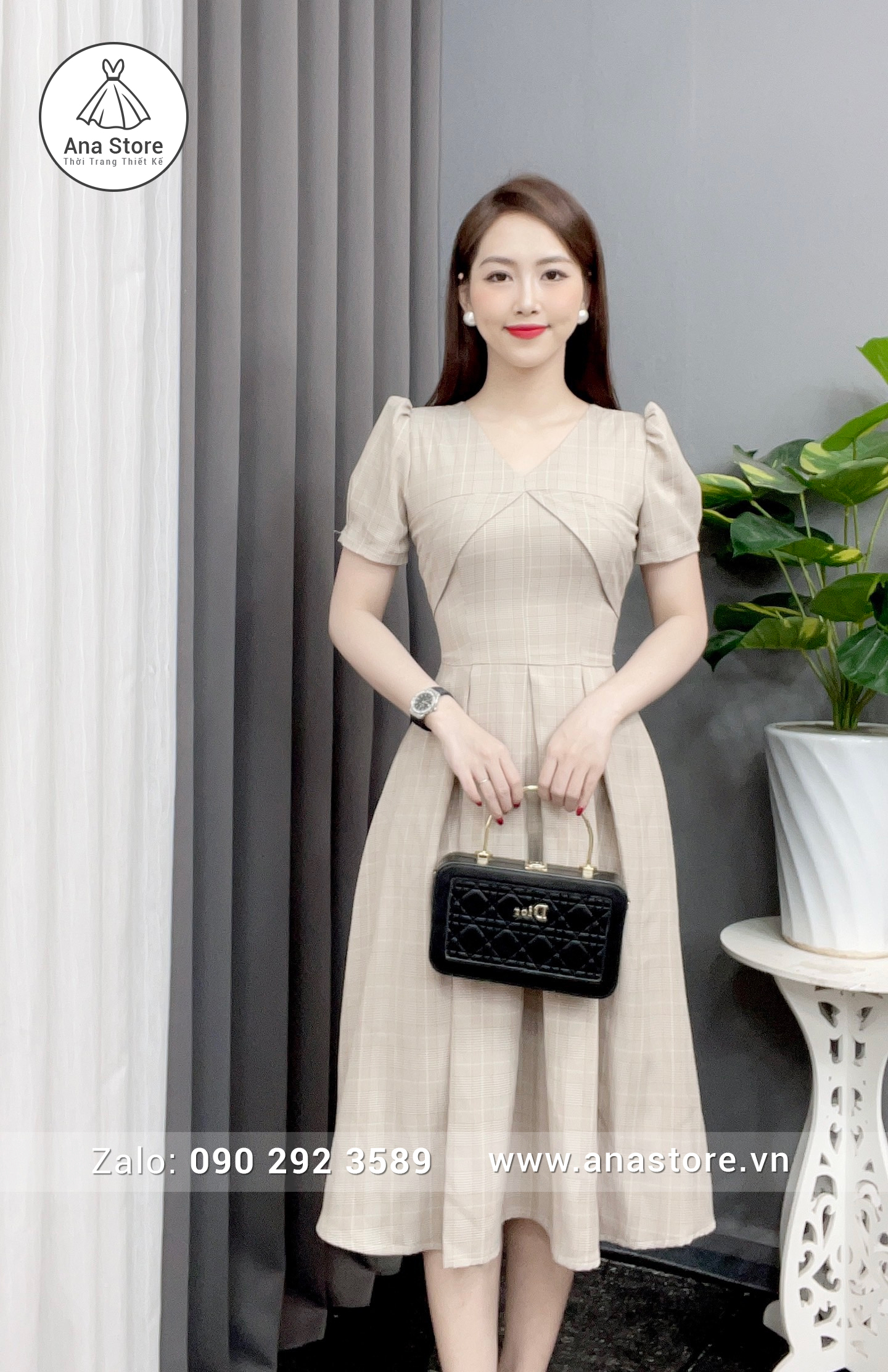 Đầm D586 - Kaki kẻ