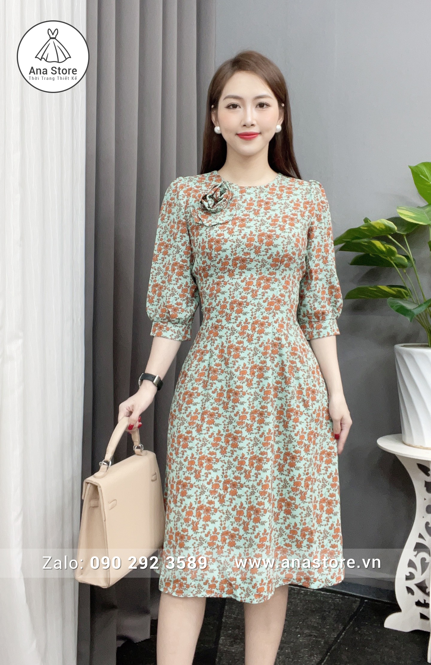 Đầm D739 - xanh hoa đỏ