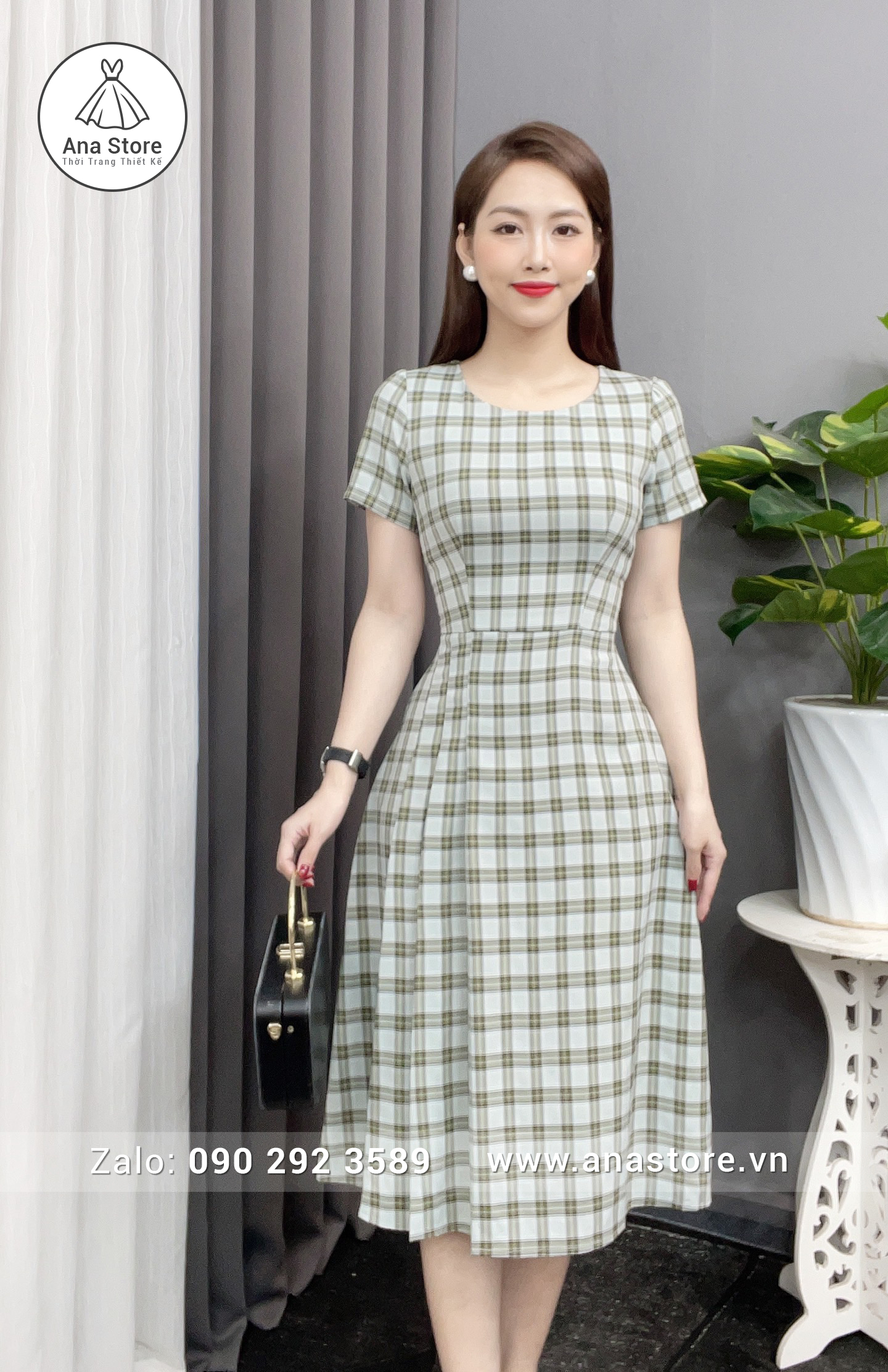 Đầm C110 - xanh nhạt kẻ