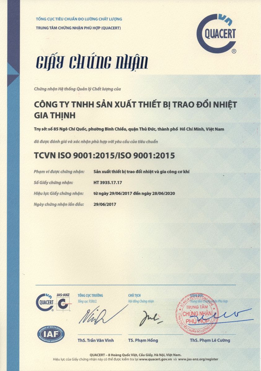 CÔNG TY TNHH SẢN XUẤT THIẾT BỊ TRAO ĐỔI NHIỆT GIA THỊNH ĐẠT CHỨNG NHẬN ISO 9001:2015