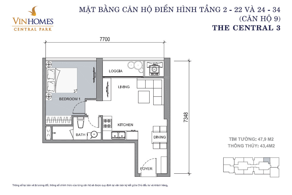 Căn hộ A2 - 3 phòng ngủ - 121m²