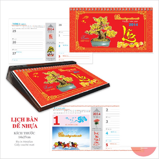 Lịch để bàn đế nhựa với kích thước 14cm x 27cm