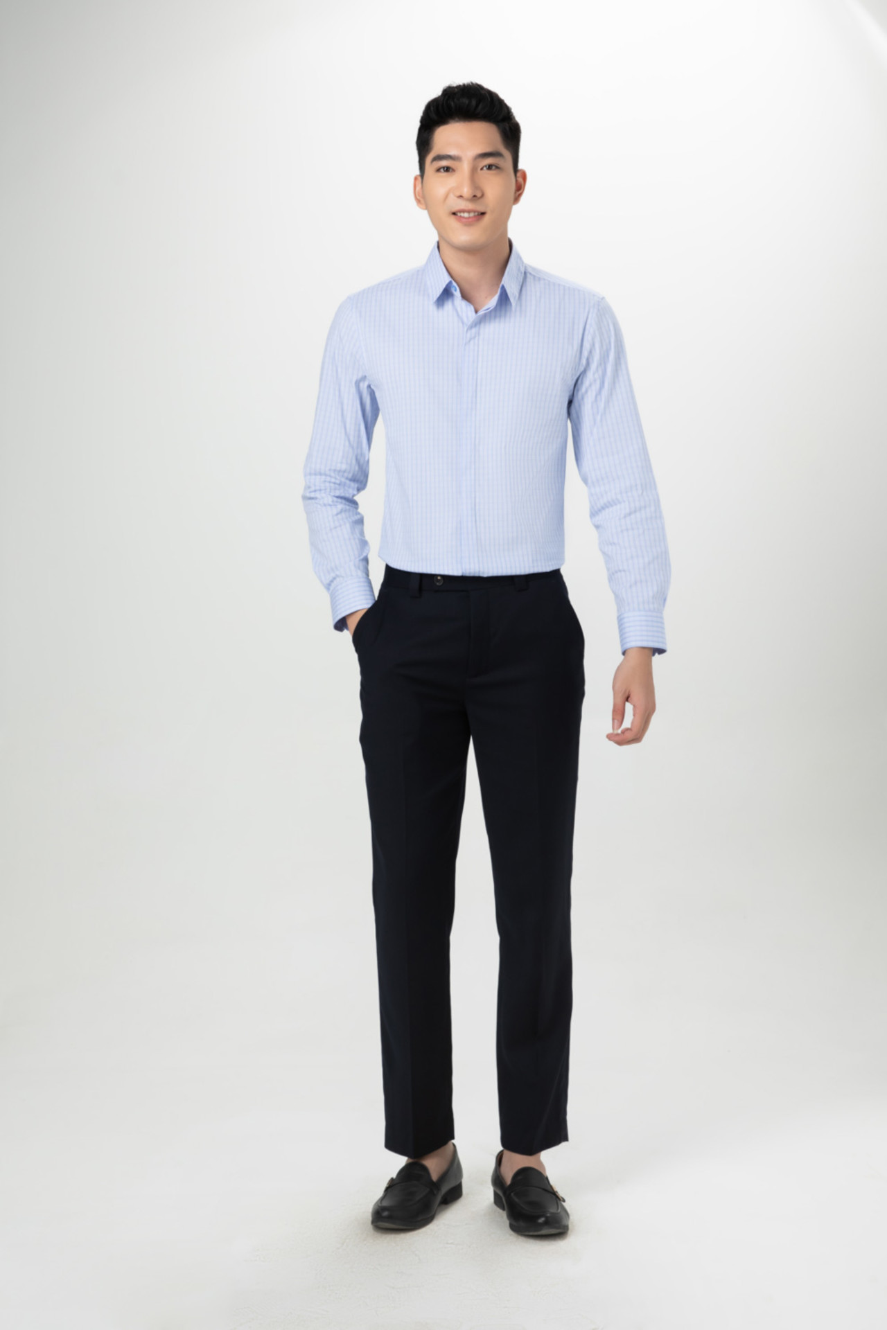 Quần dài fit dáng kẻ xanh tím than