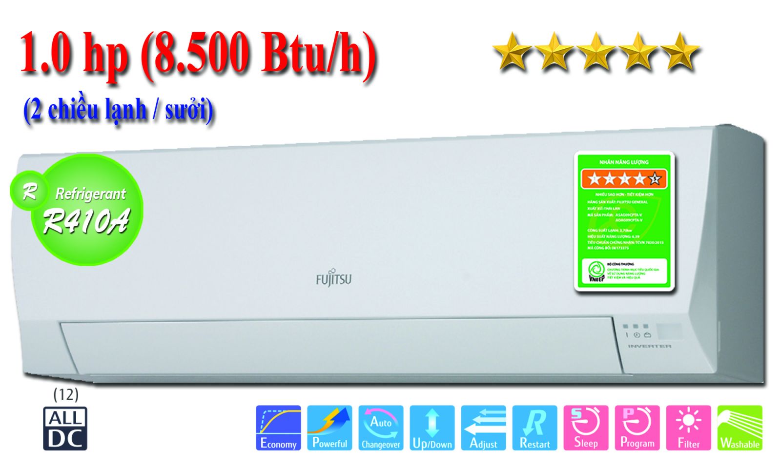 LOẠI TREO TƯỜNG 1.0HP - 2 chiều lạnh, sưởi - Ga R410A