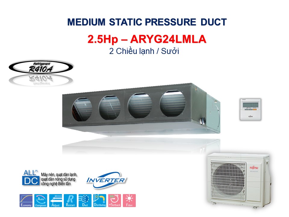 DÀN LẠNH ÂM TRẦN NỐI ỐNG GIÓ ÁP SUẤT TĨNH TRUNG BÌNH | ARYG24LMLA (23.200Btu/h)