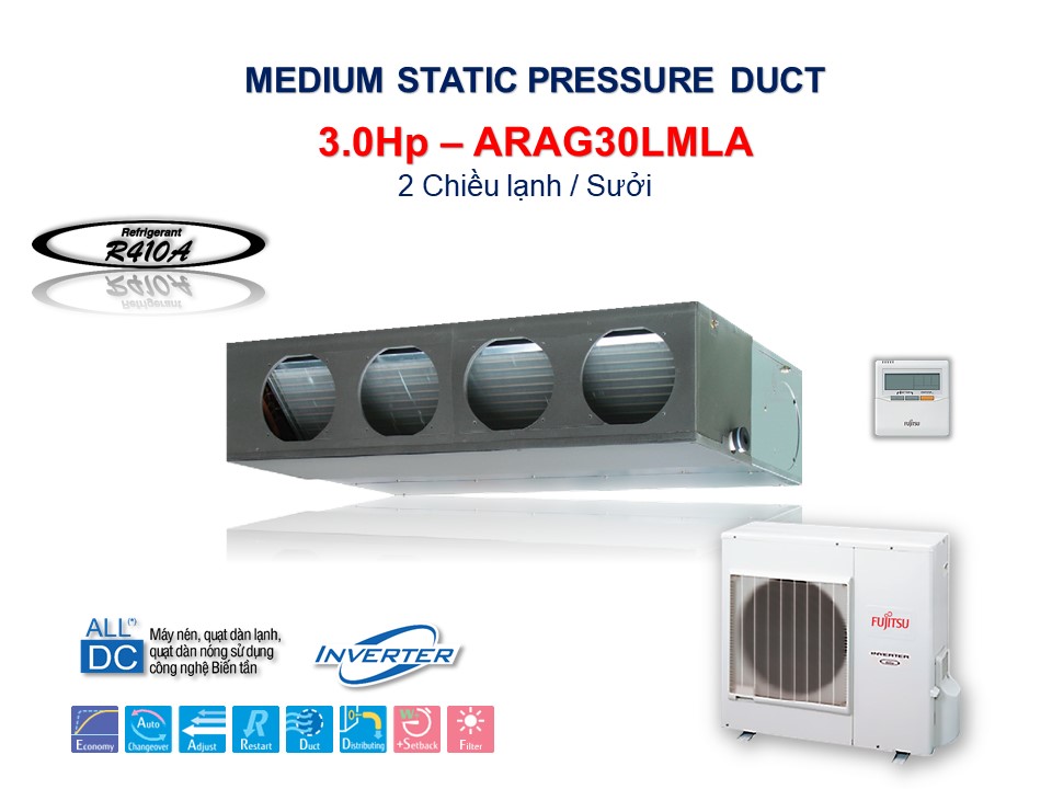 DÀN LẠNH ÂM TRẦN NỐI ỐNG GIÓ ÁP SUẤT TĨNH TRUNG BÌNH | ARAG30LMLA (29.000Btu/h) R410A