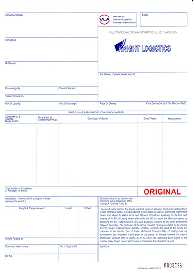 Mẫu bill of lading (Mặt trước)