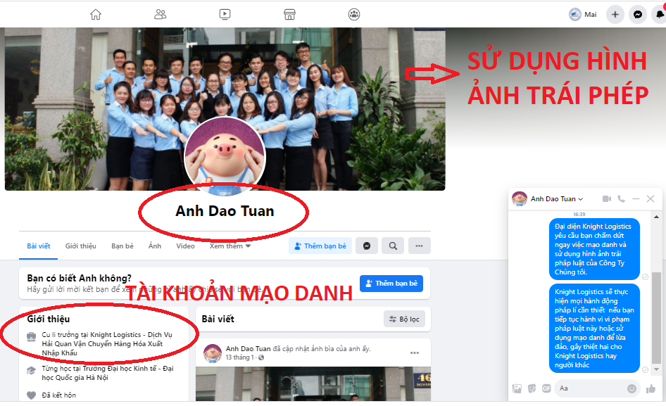 Tài khoản sử dụng hình ảnh trái phép và mạo danh công ty Knight Logistics