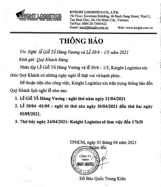 Thông báo lịch nghỉ lễ Giỗ Tổ Hùng Vương và lễ 30/4 – 1/5 năm 2021