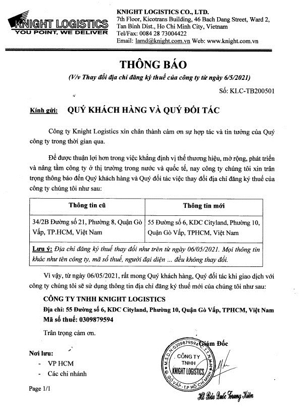 Thông báo thay đổi địa chỉ đăng ký thuế của Công ty Knight Logistics từ ngày 06/05/2021