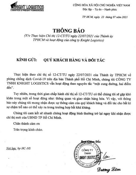 Thông báo V/v thực hiện chỉ thị 12-CT/TU ngày 22/07/2021 của Thành ủy TPHCM và hoạt động của Công ty Knight Logistics