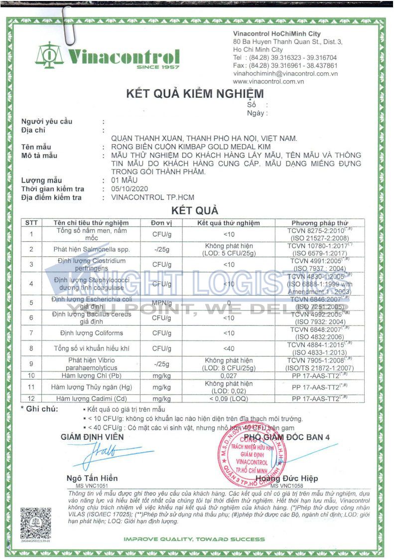 Kết quả kiểm nghiệm rong biển sấy khô