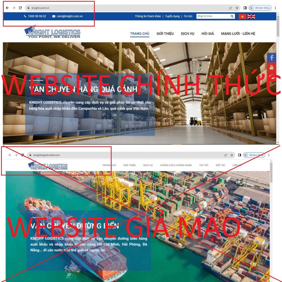 THÔNG BÁO V/V GIẢ MẠO WEBSITE KNIGHT LOGISTICS