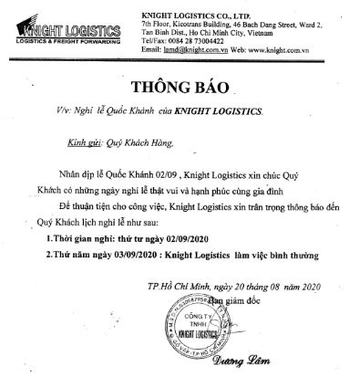 Thông báo nghỉ lễ Quốc Khánh 02/09/2020