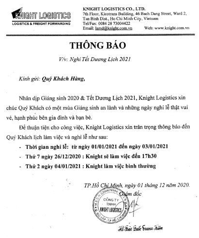 Thông báo nghỉ Tết Dương Lịch 2021