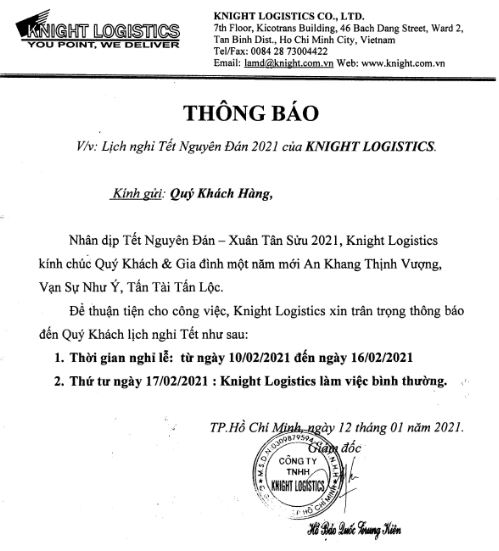 Thông báo lịch nghỉ Tết Nguyên Đán 2021