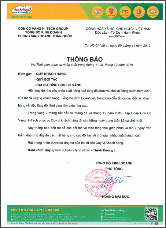 Thông báo về việc tăng thời gian phục vụ quý khách hàng trong tháng 11 và tháng 12 năm 2019