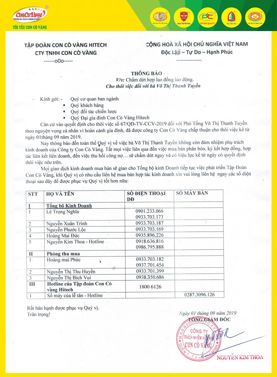 Notice of conversion of contact information for the Sales Department of Con Co Vang Group