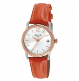 Stainless Steel Round Watch with Orange Leather Strap