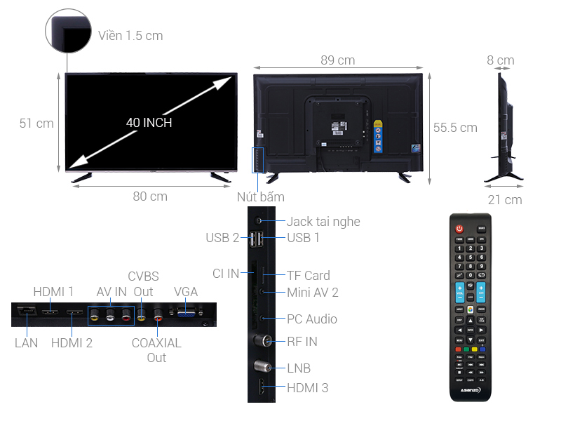 Thông số kỹ thuật Smart Tivi Asanzo 40 inch 40AS330