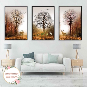 Bộ 3 tranh canvas sơn dầu Rừng hoang chiều thu
