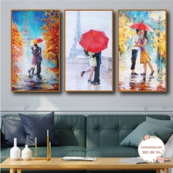 Bộ 3 tranh canvas sơn dầu Nụ hôn dưới mưa