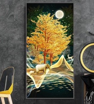 Tranh kính đơn voi vàng giữa rừng đêm