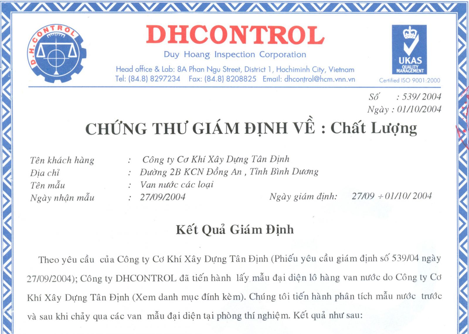 Chứng thư giám định về chất lượng DHCONTROL