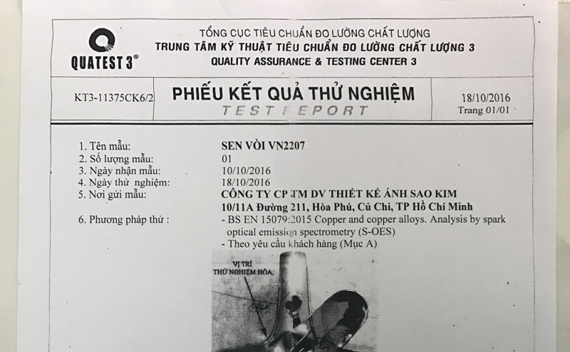 PHIẾU KẾT QUẢ THỬ NGHIỆM SEN VÒI VN 2207