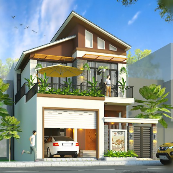 Mẫu nhà ống 2 tầng lệch có gara và ban công ngoài trời