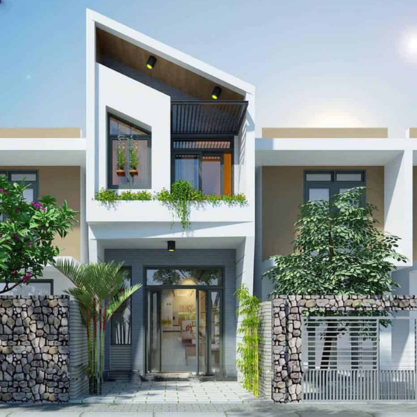 Nhà ống hiện đại 2 tầng lệch mái chéo gần gũi thiên nhiên