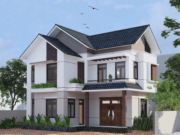 Mẫu nhà 2 tầng mái Thái sang trọng với sự kết hợp ngói màu đen và tường trắng hiện đại