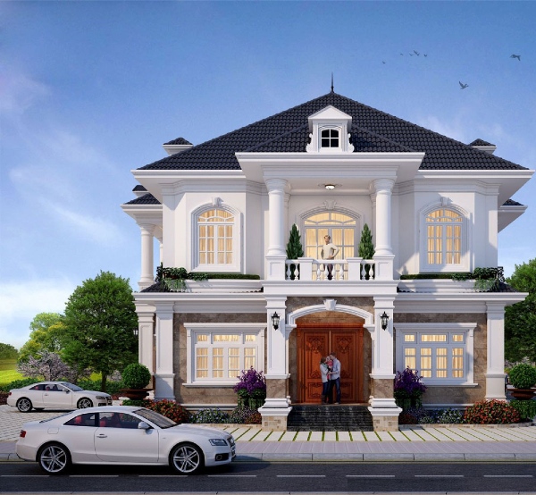 Mẫu nhà mái Thái 2 tầng đối xứng sang trọng